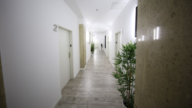 A hallway with a tiled floor, white walls, and a potted plant. - LUXOMES - Aparthotel Zentrum (Nuremberg)