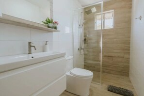 Regadera, secadora de cabello, jabón, papel de baño