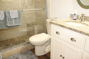 Douche, sèche-cheveux, serviettes fournies, savon