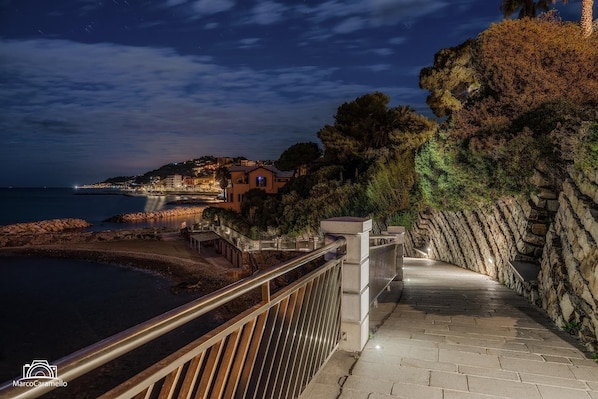 A coastal walkway with a stone railing, leading to a rocky shoreline and a view of a town with buildings and a body of water.