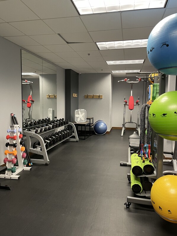 A gym with exercise equipment, including dumbbells, exercise balls, and a treadmill.