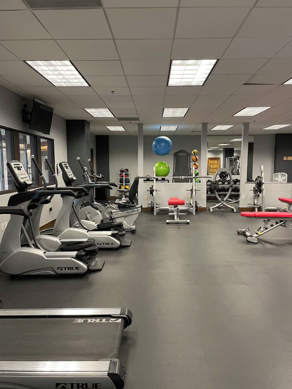 A gym with treadmills, exercise balls, and weightlifting equipment.