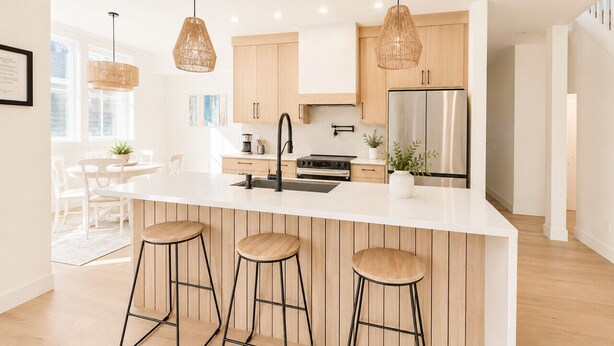 A modern kitchen with a white island, wooden bar stools, and pendant lighting. - Luxury Beach Home | 1-Min Walk to Sand | 4BR/4BA | Best Location in Shorepine Village (Pacific city)