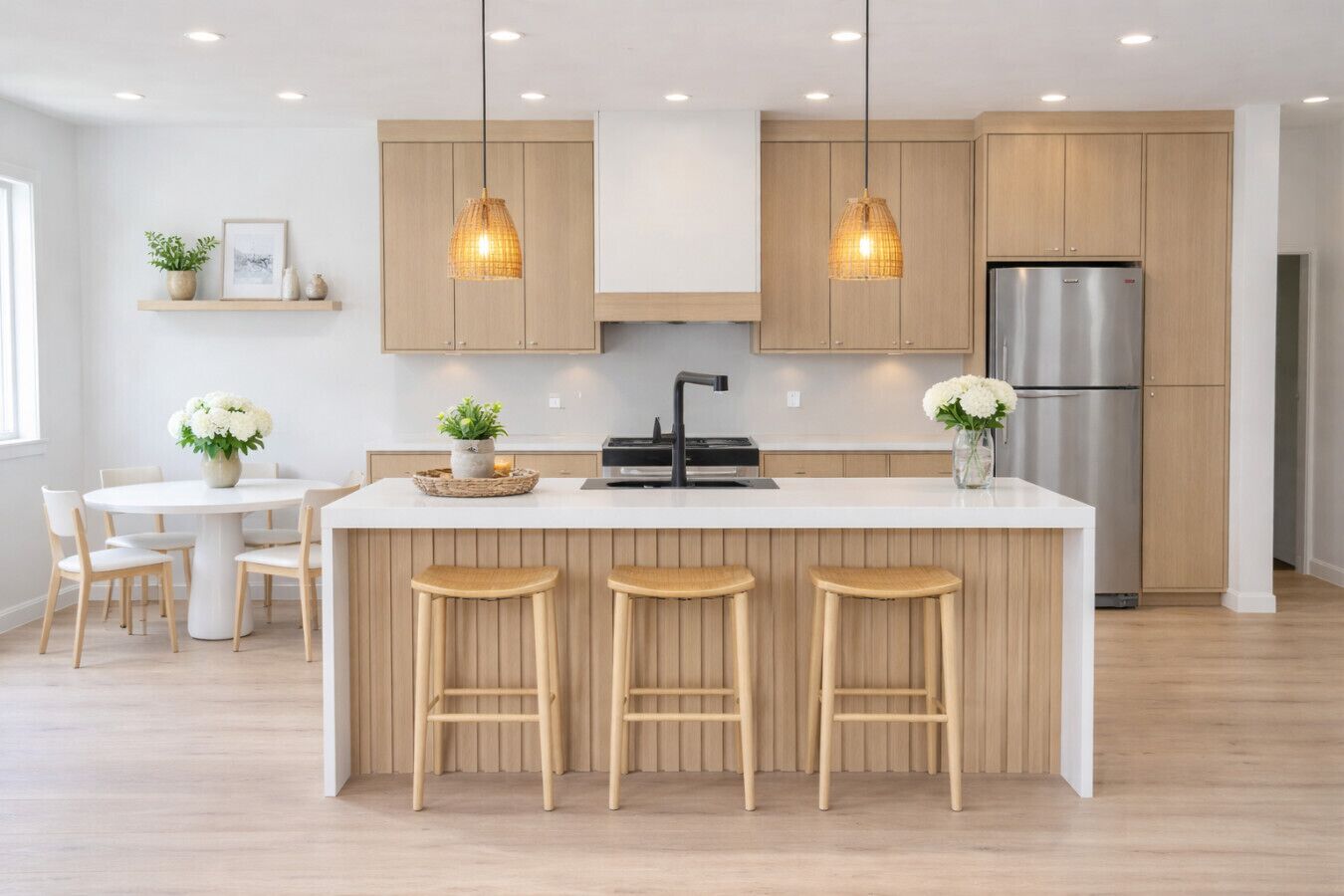 Een koelkast, een magnetron, een oven, een kookplaat