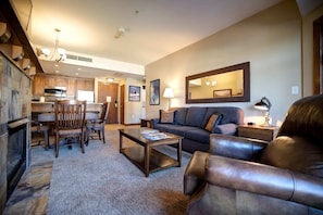 Flat-screen TV, fireplace