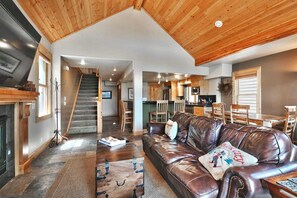 TV connectée, cheminée, livres