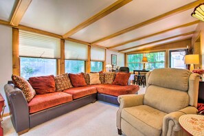 TV, fireplace, books