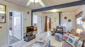 Una sala de estar con chimenea, televisor y sofá con cojines decorativos.