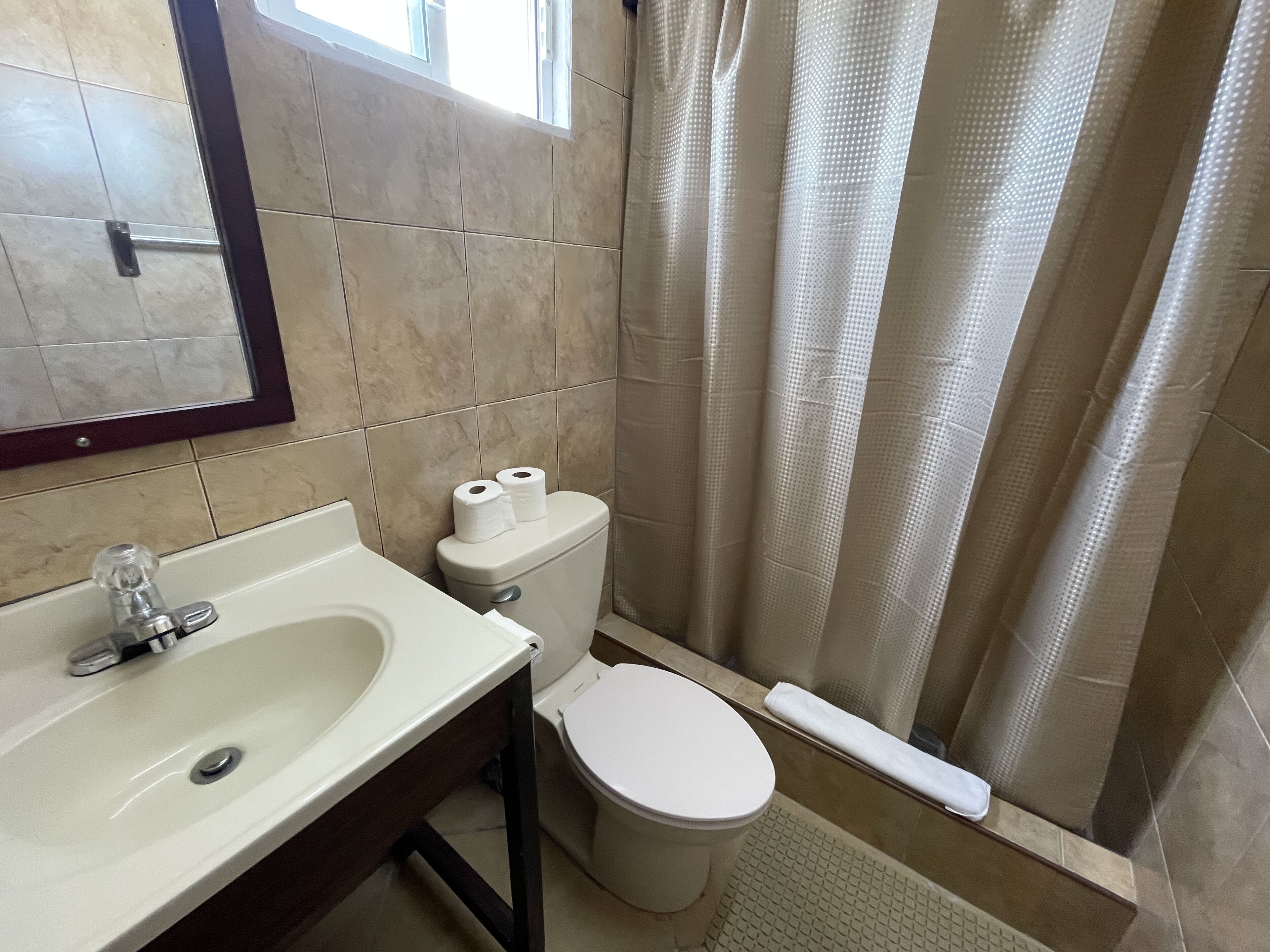 Une salle de bain équipée d’un lavabo, de toilettes et d’un rideau de douche.