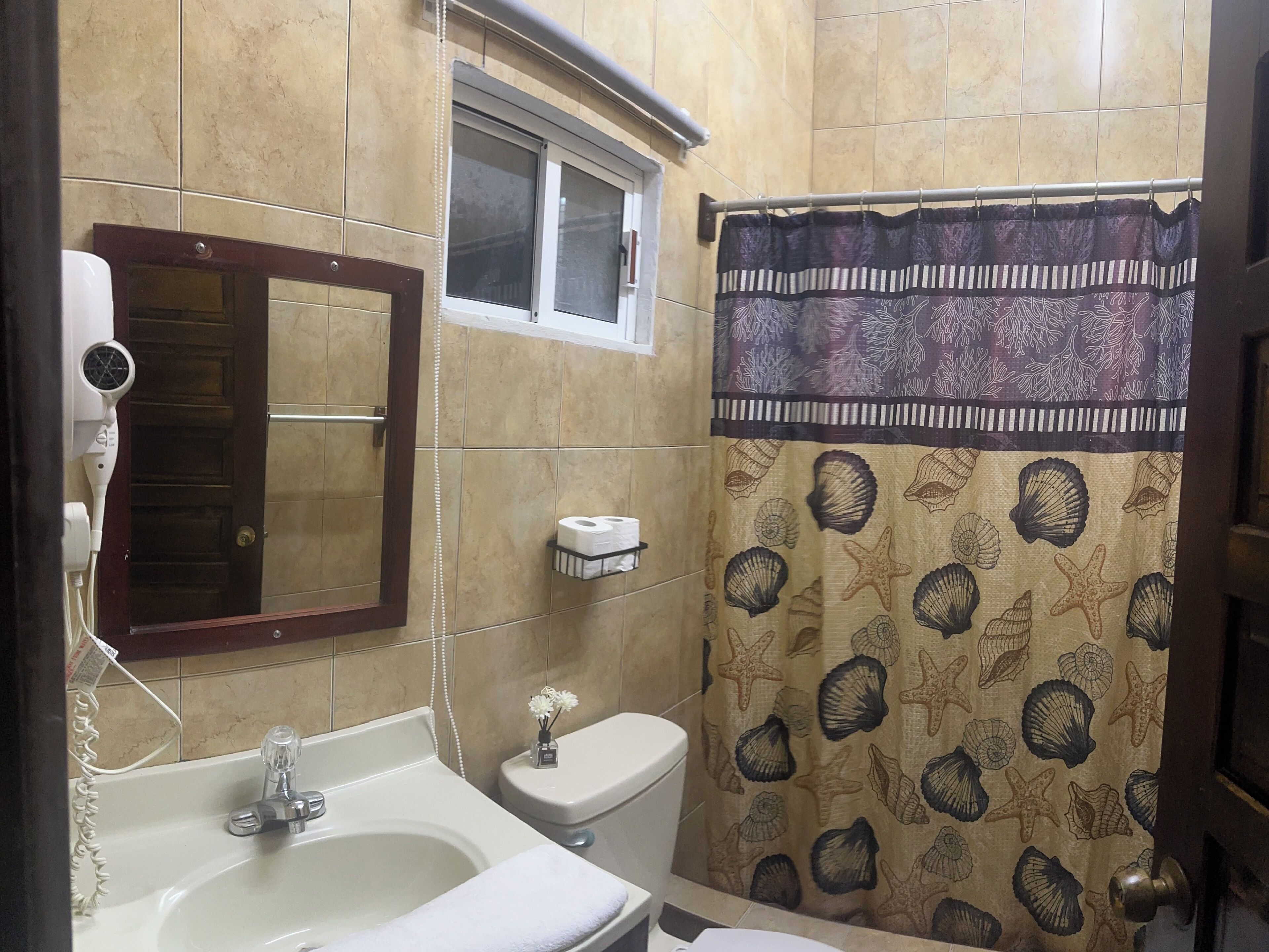 A bathroom with a sink, toilet, and a shower curtain with a sea shell pattern.