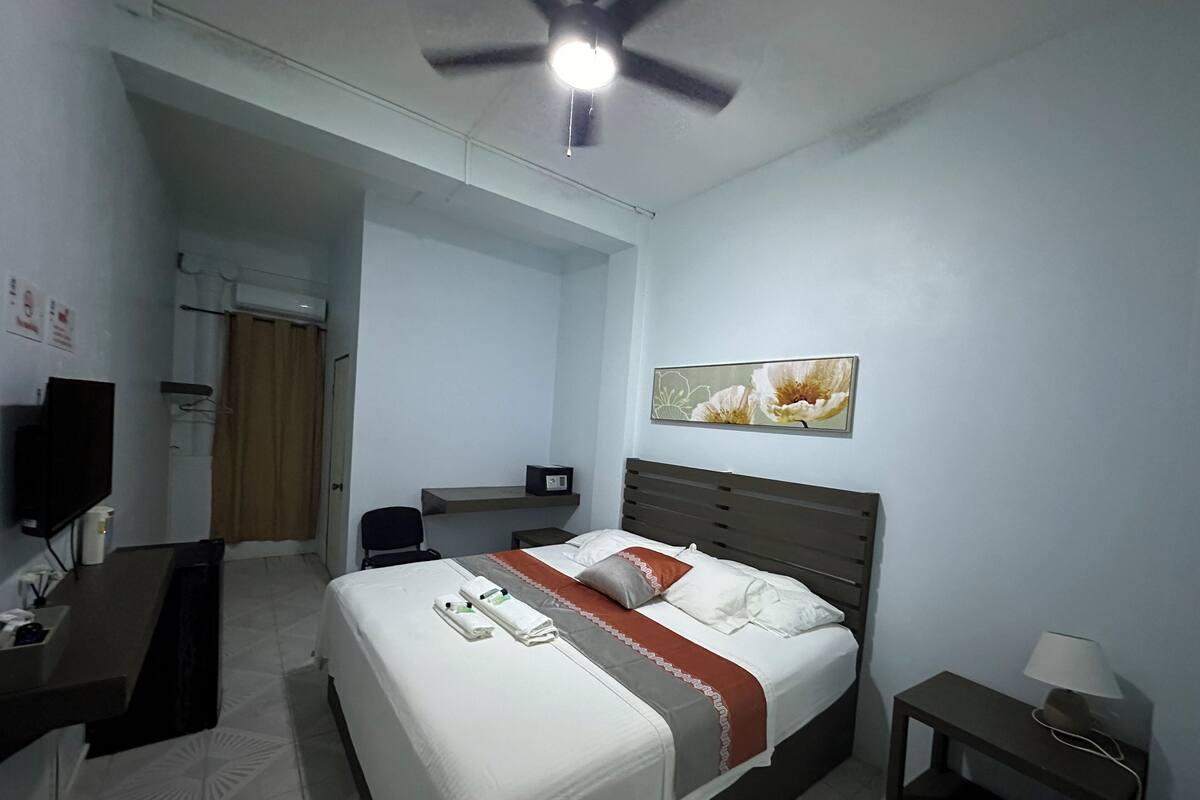 A hotel room with a bed, a desk, a chair, a TV, a bedside table with a lamp, and a ceiling fan.