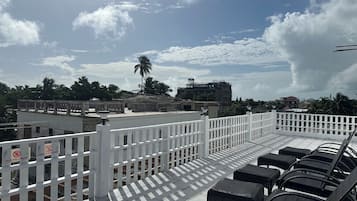 Una terraza en la azotea con barandillas blancas, mobiliario de ratán negro y vistas a palmeras y edificios al fondo.