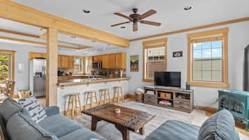 Smart TV, fireplace, DVD player, books