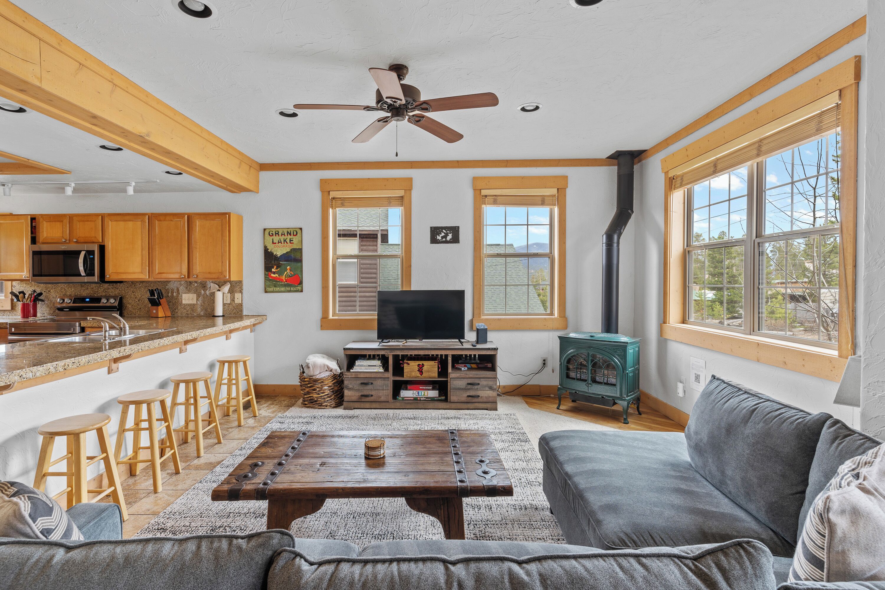 Smart TV, fireplace, DVD player, books