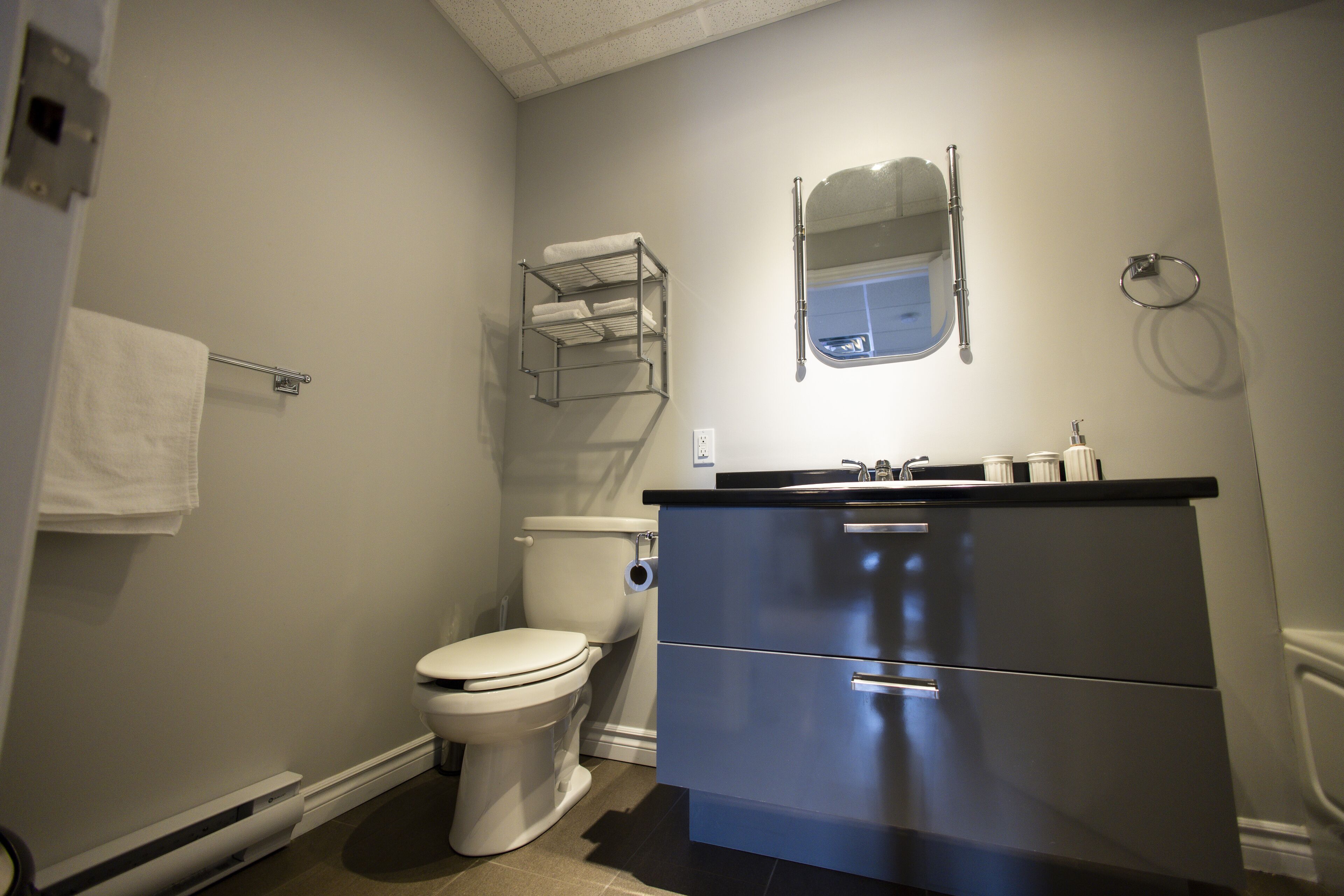A bathroom with a toilet, a towel rack, a sink with a mirror, and a towel hanging on the wall.