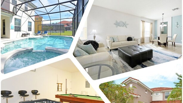 Une maison moderne dotée d’une piscine, d’un salon avec un canapé et un pouf, d’un coin repas et d’un garage.