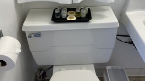 A bathroom with a white toilet, a white sink, and a white trash bin. There is a black tray with toiletries on the toilet. - Stylish 1 Bedroom Apartment in Gadsden, AL (Gadsden)