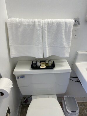 Suihkun ja ammeen yhdistelmä, pyyhkeet, saippua, sampoo