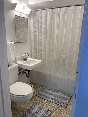 Bathroom features a toilet, sink, and shower curtain, with a tiled floor and textured mats for comfort.
