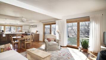 Smart TV, chimenea, libros y biblioteca musical