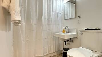 Ensemble douche/baignoire, serviettes fournies, savon, shampoing