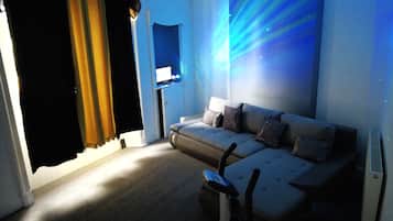 Smart TV, fireplace, books