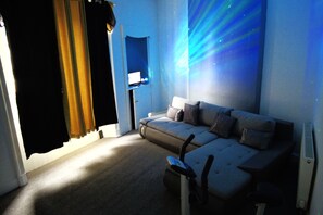 Smart TV, fireplace, books