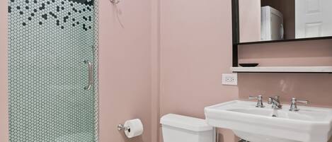 Hair dryer, towels, soap, shampoo