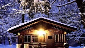Eine Holzhütte mit Veranda, Tisch und Stuhl.