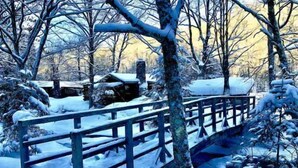 Uma ponte de madeira sobre uma área coberta de neve, com árvores e uma cabana ao fundo.