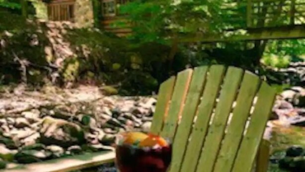 Uma cadeira de madeira com um copo de vinho tinto em frente a uma cabana numa área arborizada.