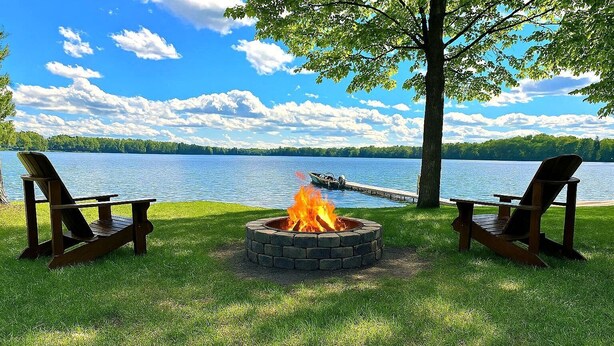 Eine Uferlandschaft mit zwei Adirondack-Stühlen und einer Feuerstelle aus Stein.