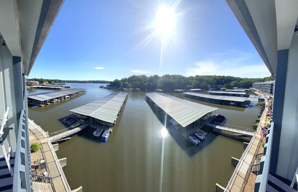 Vista del río desde un lugar elevado, mostrando varios muelles cubiertos y barcos, con cielo despejado y luz solar.