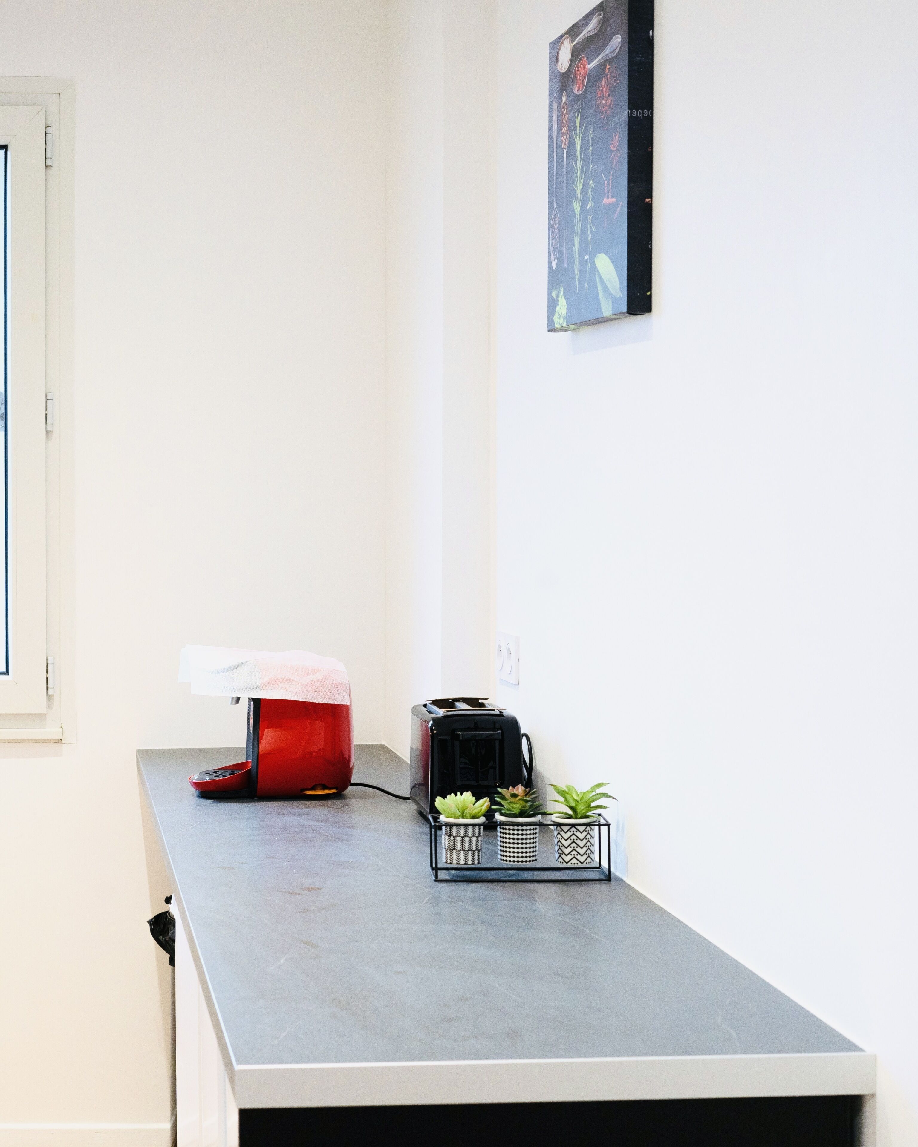 Un comptoir de cuisine avec un grille-pain, un appareil de couleur rouge et trois plantes en pot.