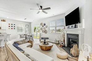 Smart TV, fireplace, video games, books