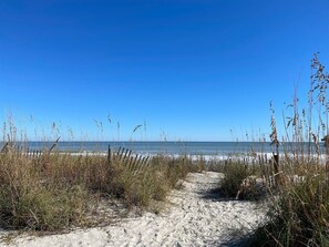 Een zandpad langs het strand dat naar de oceaan leidt, met hoge grassen en een helderblauwe lucht.