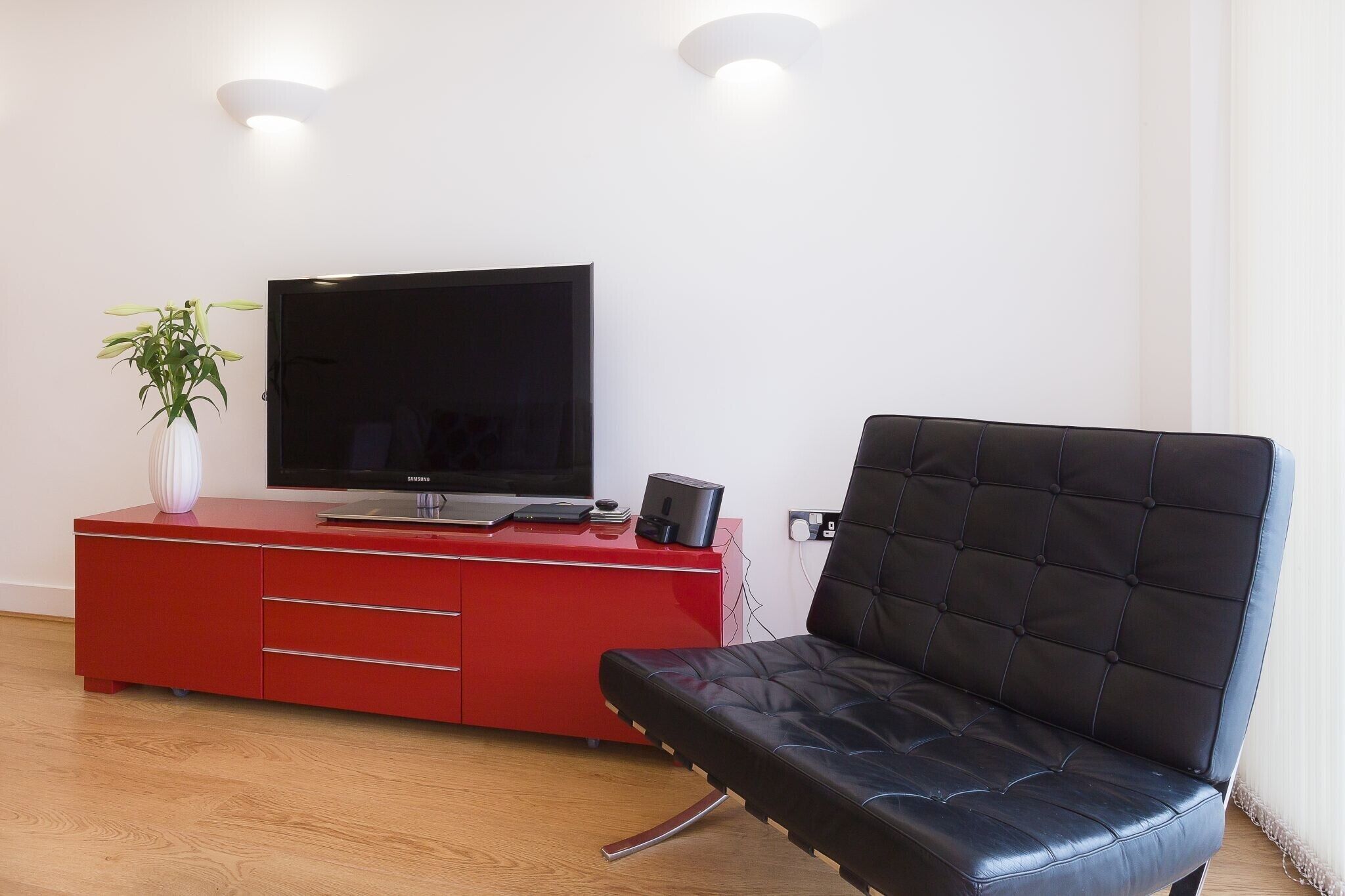A modern living room with a red entertainment unit, a black leather sofa, a flat-screen TV, and a potted plant.