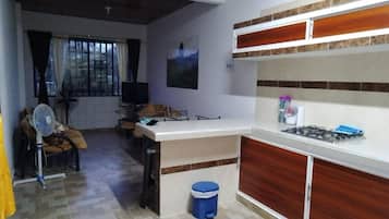 Fridge, electric kettle, toaster, coffee grinder