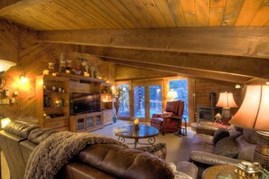 TV, fireplace, DVD player, foosball