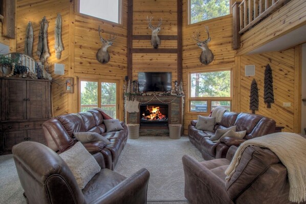 Télévision, cheminée, lecteur de DVD, baby-foot