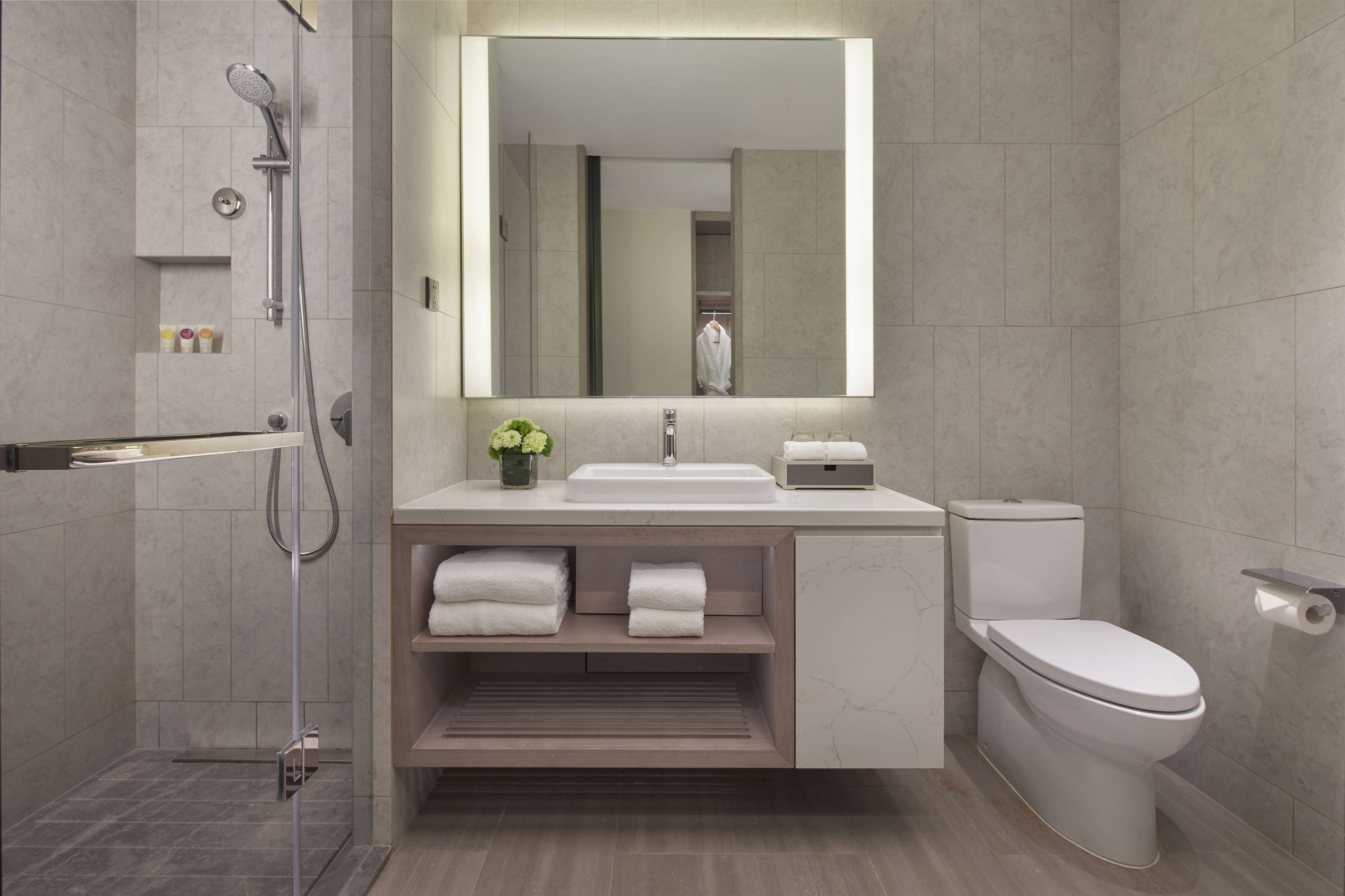 shower, rainfall showerhead, free toiletries, hair dryer