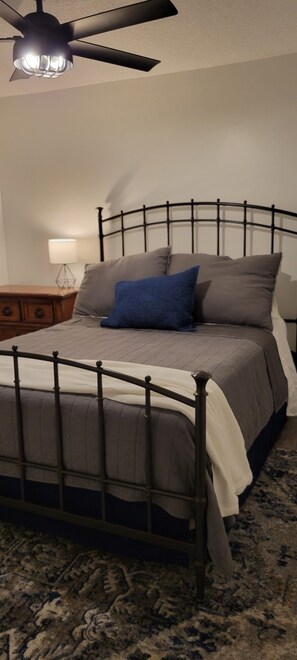 Une chambre à coucher avec un lit à cadre métallique, un ventilateur de plafond, une table de chevet avec une lampe et un tapis à motifs.
