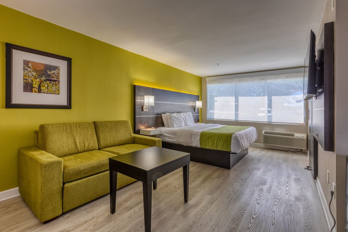 Una habitación de hotel con un sofá verde, una cama con cabecera blanca, una mesita de noche y un amplio ventanal con vistas al exterior.