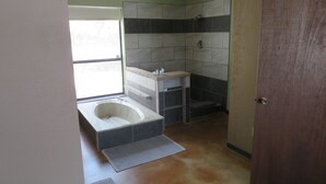 Een badkamer met een vrijstaand bad, een douchegedeelte en een wastafel met spiegel.