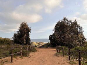 Een onverhard pad dat naar een strand leidt, met een houten hek aan beide zijden.