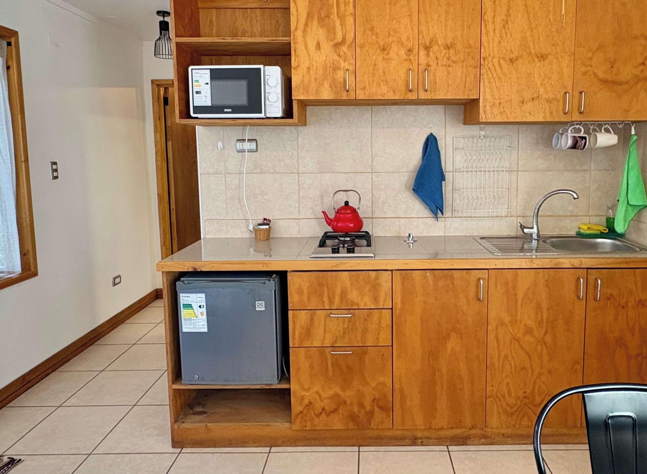 A compact kitchen with wooden cabinets, a microwave, a kettle, a sink, and a small refrigerator.