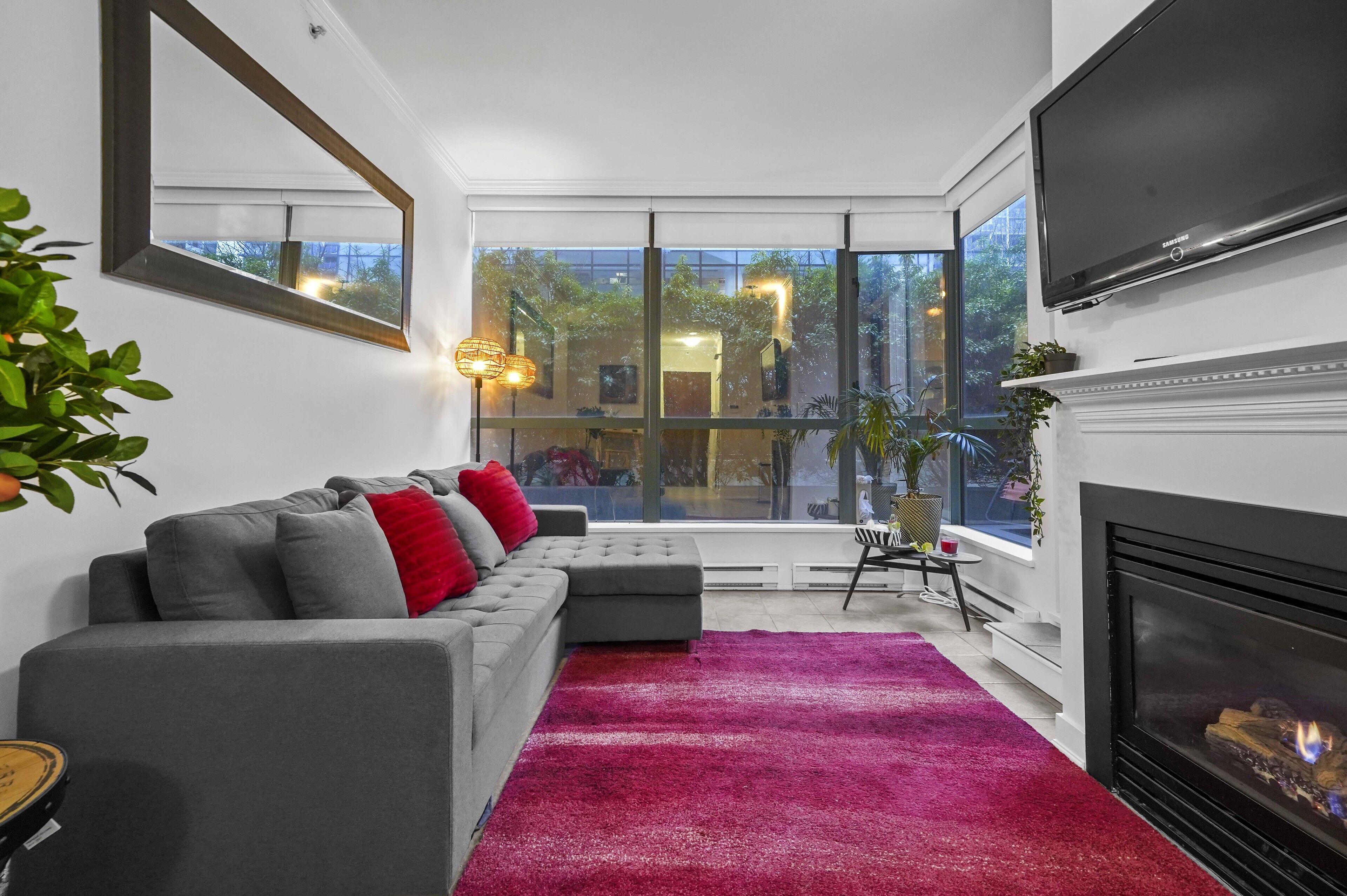 Smart TV, fireplace, video library