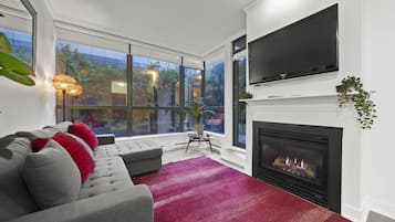 Smart TV, fireplace, video library