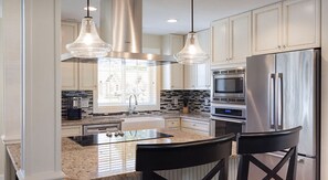 Paper towels, dining tables, kitchen islands