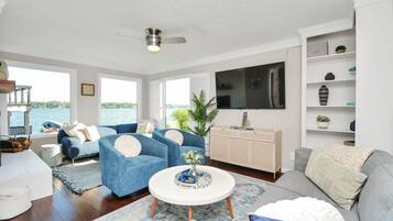 Smart TV, fireplace, video games, DVD player